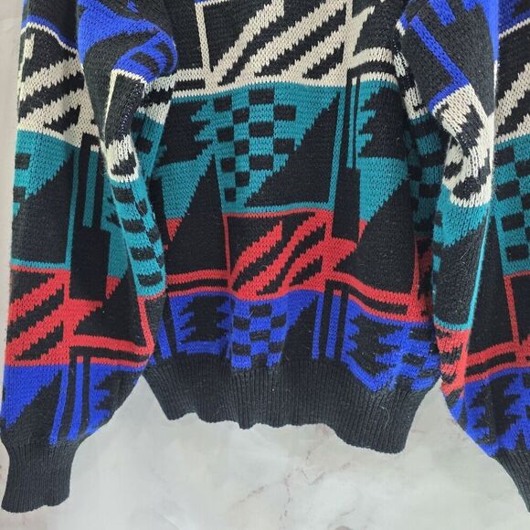 Vintage Sweater Men Medium Black Red Blue Acrylic 90s Raglan Ikat Geometric - Picture 7 of 11